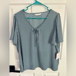 Brand New LC Lauren Conrad short-sleeve V-neck blouse Sz XL Gingham Print Blue
